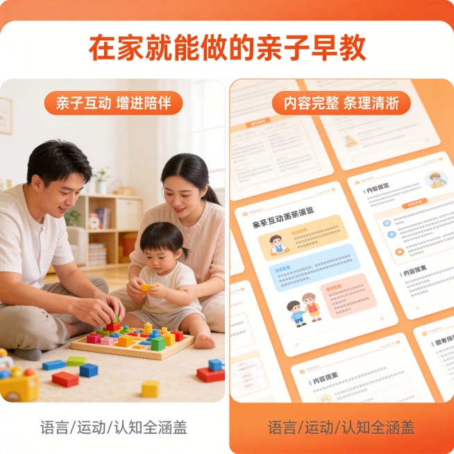 [主图-4] 使用体验展示，亲子互动场景拼图版式。左侧展示亲子做早教游戏的温馨场景，右侧展示教案内容页面预览，保持整体风格和前三张主图统一，温暖活泼有氛围感。画面清晰，商业质感，光线柔和自然，满屏无边预览效果
