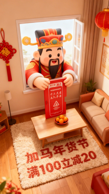 3d卡通风格，客厅景观。Q版巨大灶王爷（形象软萌）从窗户外探身进来，双手把图中主体放在客厅桌上（桌面摆放橘子、果盘），客厅装饰中国结、灯笼元素，暖色调喜庆氛围，画面底部毛绒地毯上绣着“加马年货节”“满预览效果