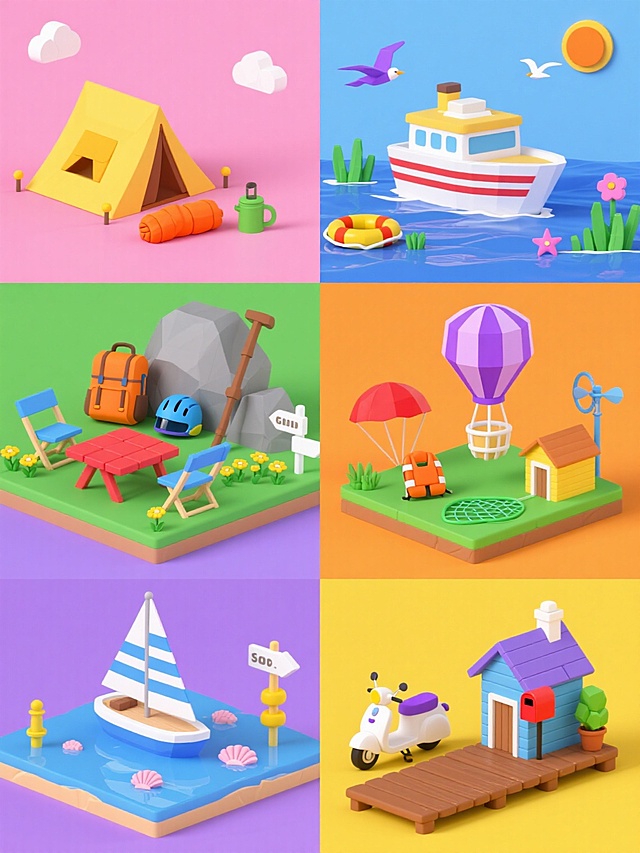 6个不同色彩主题的卡通3D低多边形风格旅游元素场景，每个场景独立成单元，整齐排列组成系列素材集合，所有场景均为纯色背景。第一个场景：粉色背景，黄色露营帐篷旁有红色野餐桌和蓝色折叠椅，旁边放着橙色睡袋和绿色水壶，顶部有白色小云朵装饰；第二个场景：蓝色背景，白色游轮在海面上航行，船身有红色条纹，周围有黄色救生圈、粉色海星和绿色水草，天空有紫色海鸥飞翔；第三个场景：绿色背景，棕色登山杖斜靠在灰色岩石旁，旁边是橙色登山包和蓝色头盔，地面有黄色野花和白色路标指示牌；第四个场景：橙色背景，紫色热气球下方悬挂着白色吊篮，旁边有红色降落伞和蓝色风速仪，地面有绿色草地和黄色小房子；第五个场景：紫色背景，白色帆船在水面行驶，船帆有蓝色条纹，旁边有黄色浮标、橙色救生衣和绿色渔网，水面漂浮着粉色贝壳；第六个场景：黄色背景，棕色木质栈道通向蓝色小木屋，屋前有红色邮箱和绿色盆栽，旁边停着白色摩托车和紫色头盔，天空有橙色太阳和白色飞鸟。所有元素保持圆润可爱的卡通造型，低多边形表面处理，柔和均匀的光影效果，无任何文字、logo和水印。