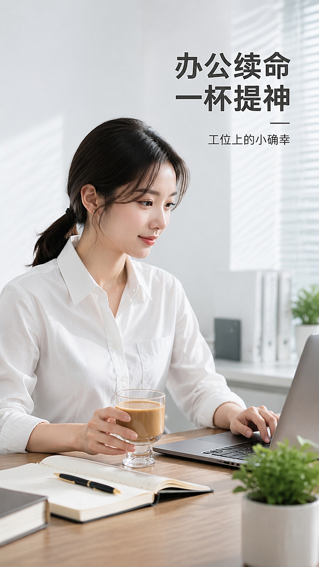 [第7屏] 人物使用屏-办公桌面咖啡场景。本屏使用【图2】的雪山款杯子作为产品原型，生成办公场景。
[氛围/风格] 简约办公风，精致白领日常，清爽干练。
[元素布局] 画面中一位年轻女性（亚洲面孔，职业装衬衫）坐在办公桌前，左手轻扶高山底玻璃杯（雪山款，盛拿铁咖啡），右手在笔记本电脑上打字；桌面上有笔记本电脑、笔记本、钢笔、小绿植；背景为简约白色办公墙+百叶窗光影；杯子造型、杯底雪山款细节与输入图一致。
[光影质感] 窗边自然光，柔和明亮，杯身通透有高光，整体干净清爽。
[配色色系] 全局底色 #F0F3F5（浅灰蓝色调）；主色白色+透明玻璃+木色桌面；辅助色深灰、浅绿植物点缀。
[视角构图] 中景侧视，人物半身+桌面，杯子位于画面中心偏左。
[文字版式] 右上角主标题「办公续命 一杯提神」，副标题「工位上的小确幸」；文字为深灰色黑体，简约干练。
[比例分辨率] 9:16竖版比例，4K分辨率，文字清晰可辨，高清画质。
[负向提示词] 杯子变形，杯底造型错误，人物模糊，水印，文字错乱，颜色偏差。