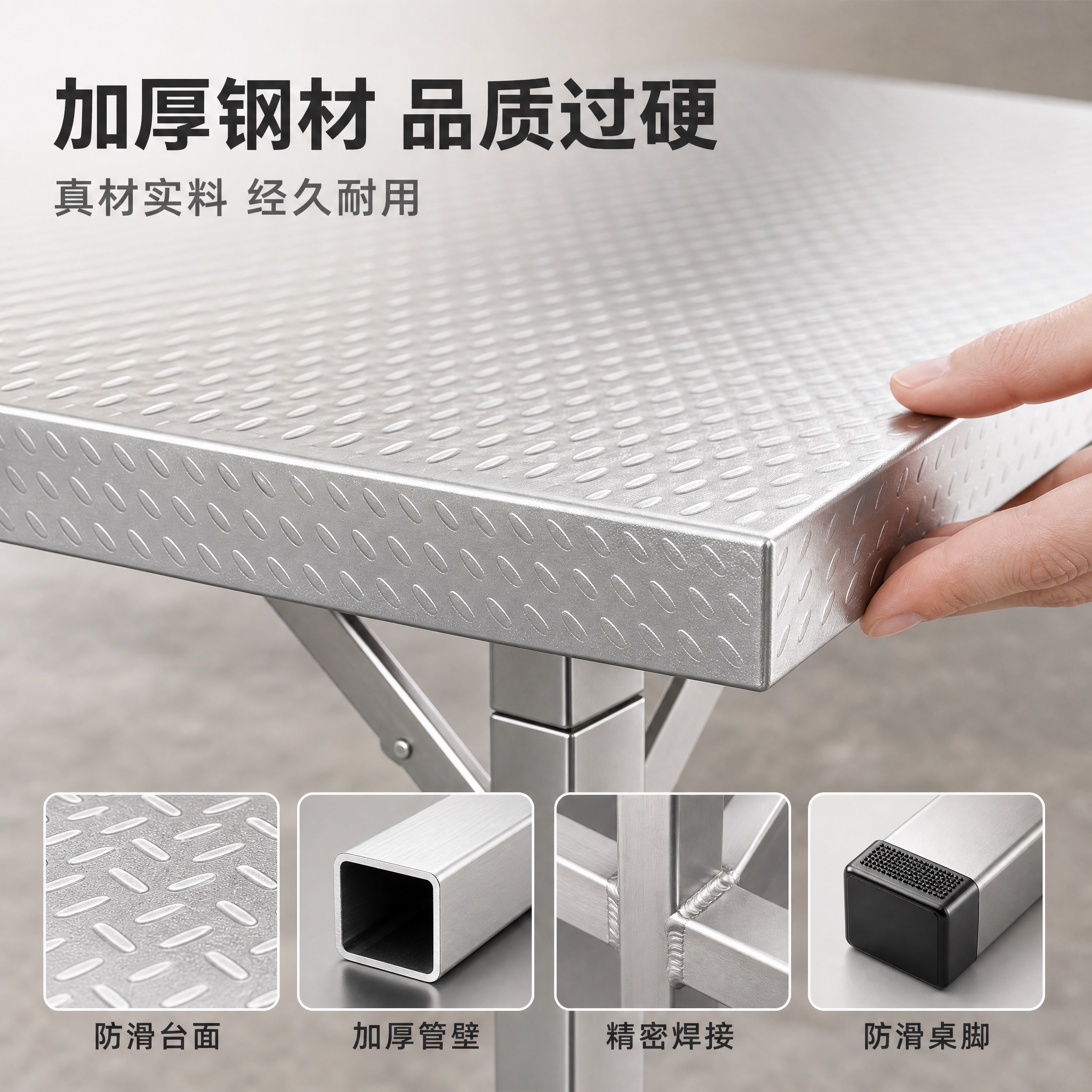 [主图-4] 不锈钢折叠桌材质细节特写主图，展示加厚钢材的高品… - 图片创意预览