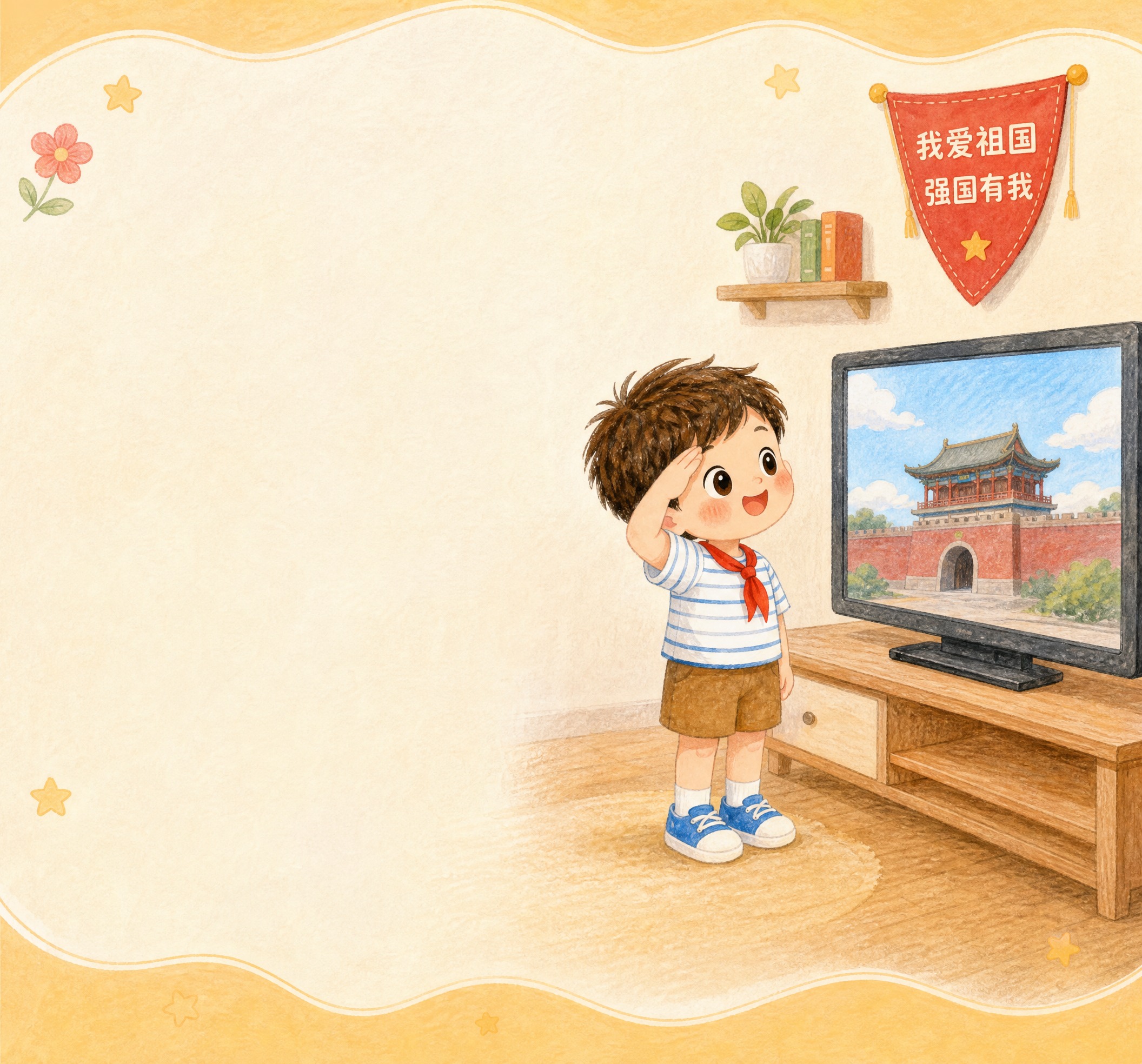 儿童手绘水彩插画风格，爱国打卡场景模块，竖版。浅米色背景，上下… - 图片创意预览