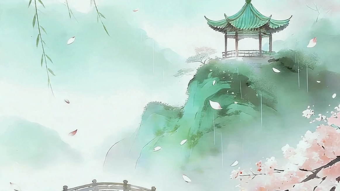 春日烟雨江南，花瓣缓缓飘落，柳丝轻轻摇曳，湖面泛起涟漪，烟雨朦胧中意境悠然预览效果