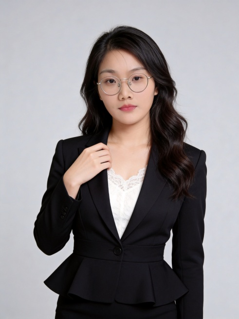 参考图中保留人物脸型、年龄特征，生成更柔美女性化的职场形象照，标准焦段50mm，f/4光圈，平视视角；人物居中构图，半身像，发型调整为柔和侧分长卷发，更显女性气质；身穿黑色收腰西装外套，内搭白色蕾丝打预览效果