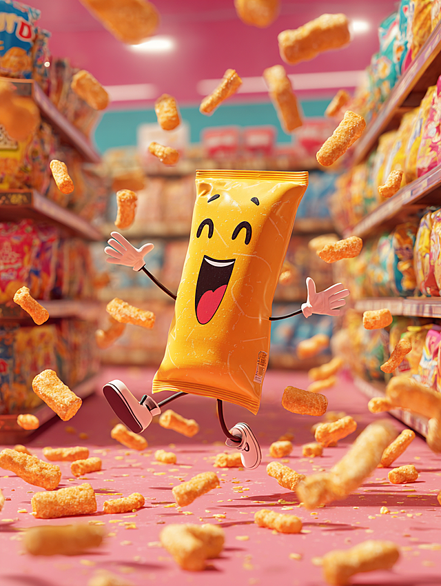 拟人化卡通风格，一包造型奇特的零食包装，长着可爱的小短腿和手臂，正在跳着欢快的舞蹈，周围散落着零食碎片，背景为明亮的超市货架，色彩饱和，生动有趣 --ar 3:4 --v 6.0 --style expressive --q 2