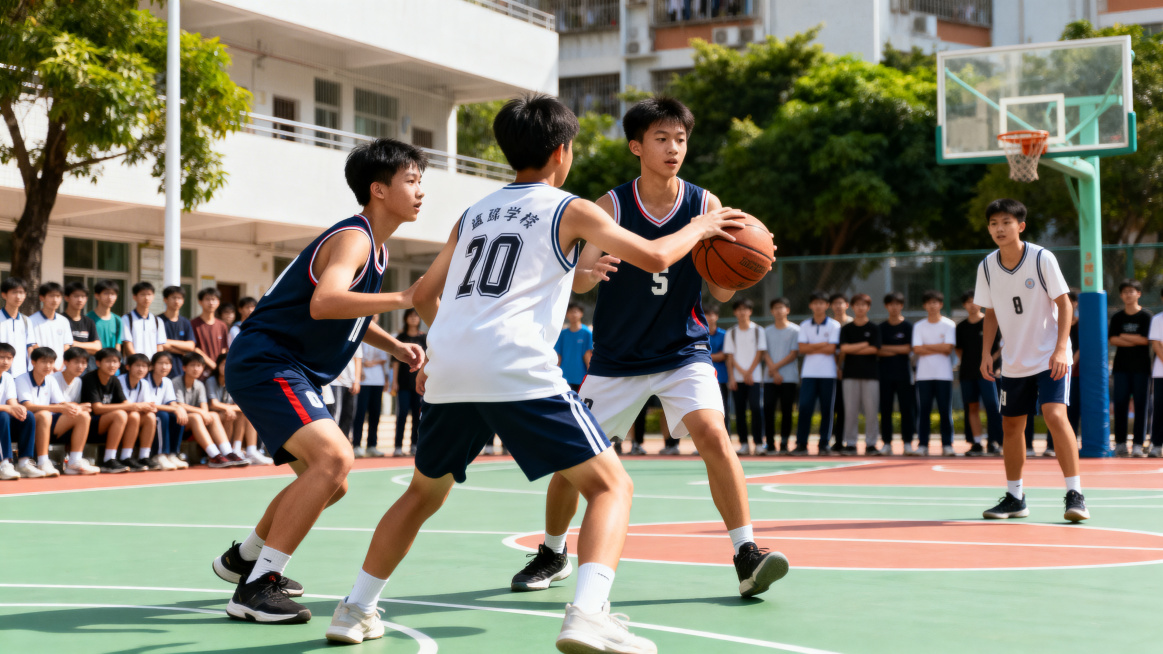 深圳初中校园篮球赛的比赛画面，青春活力的青少年篮球运动员在室外塑胶篮球场激烈对抗，阳光明媚的校园氛围，观众在赛场边观赛，充满运动激情，真实摄影风格预览效果