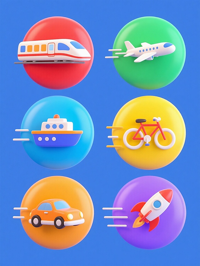 3D卡通风，六个不同交通工具元素的系列素材集合，每个元素保持圆润光滑的造型、简洁的线条和渐变过渡的明亮色彩，交通工具包含高铁、飞机、轮船、汽车、自行车、火箭，均以动态姿态呈现并带有运动轨迹线条，纯色背景且每个元素拥有独特的整体色调（如红色、绿色、蓝色、黄色、紫色、橙色），所有元素规整排布成两行三列的网格布局，画面简洁明快，充满活力。