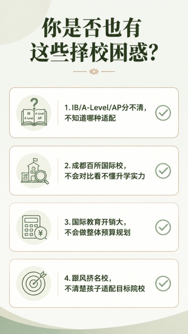 [第2屏] 痛点直击板块-直击家长择校四大核心痛点。本屏参考【图3】的版式风格。
[氛围/风格] 简洁专业，清新柔和，延续整体绿棕配色方案。
[元素布局] 顶部大标题，下方四个圆角卡片分点展示四大痛点预览效果