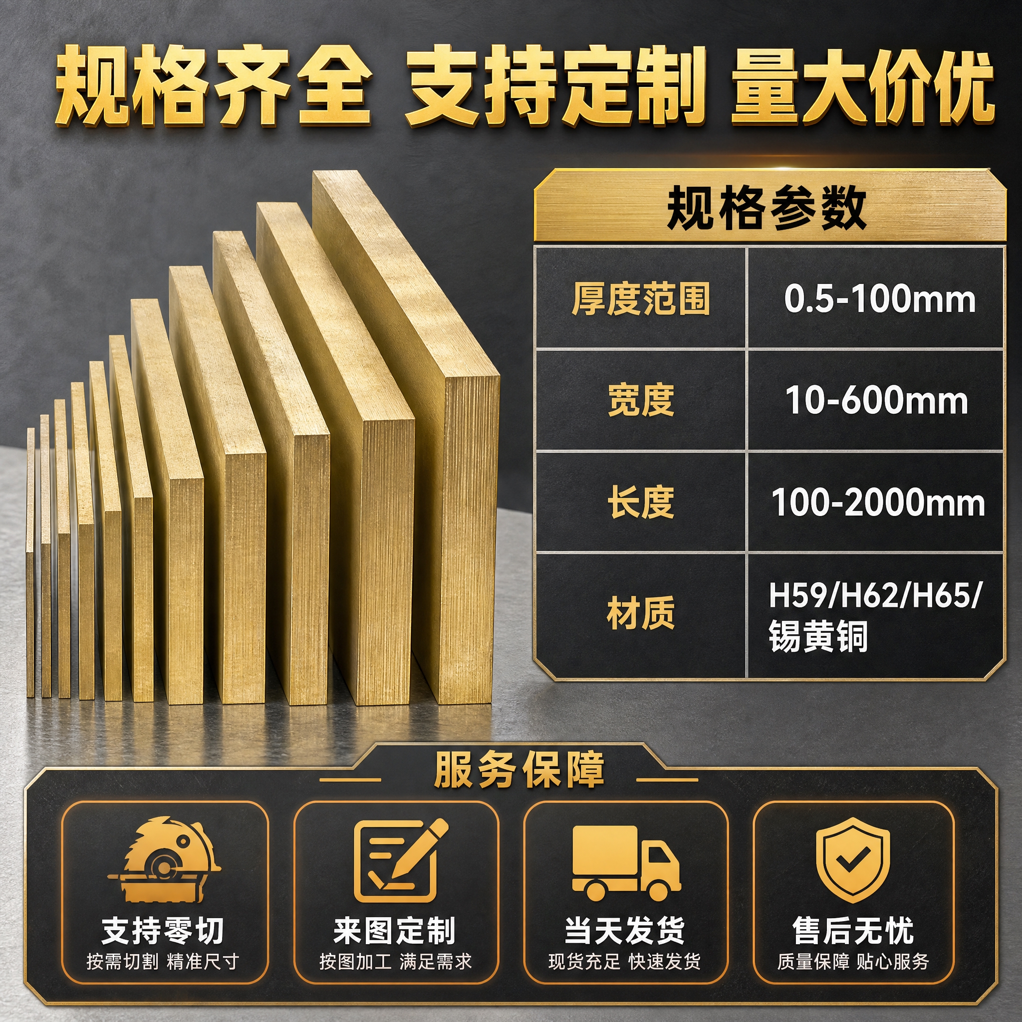 [主图-5] 黄铜板材规格参数与服务保障图，展示齐全的规格与定… - 图片创意预览