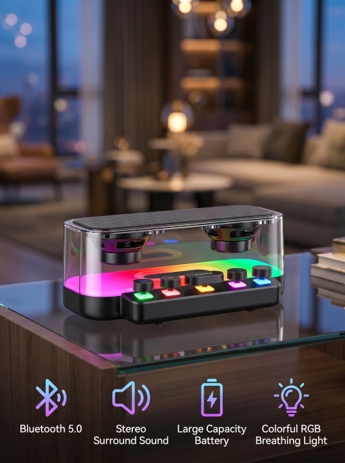 设计一张电商主图，产品是透明水晶壳彩灯蓝牙音响，产品特点：Bluetooth 5.0, stereo surround sound, large capacity battery, colorful预览效果