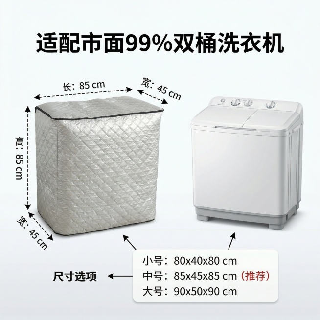 尺寸对比图，将双桶洗衣机罩和常规双桶洗衣机放在一起，用清晰的线条标注洗衣机罩的长宽高尺寸，同时标注"适配市面99%双桶洗衣机"，搭配简洁的文字说明不同尺寸选项，整体直观明了，帮助用户快速判断适配性预览效果