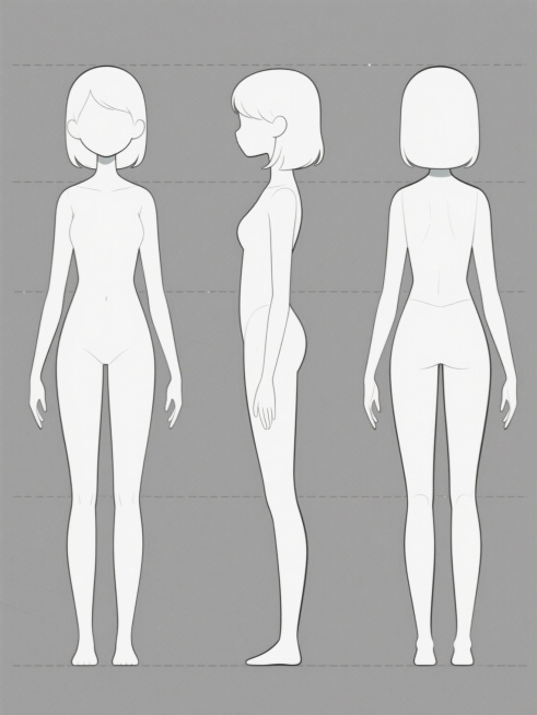 一个动漫风格的女性人体三视图，包含正面、背面和侧面。人物为白色剪影，线条简洁流畅，具有卡通化的比例，头部较大，四肢修长。背景为纯灰色，无任何文字、logo或装饰元素。三视图排列整齐，展示了人物的整体形态和基本结构。预览效果