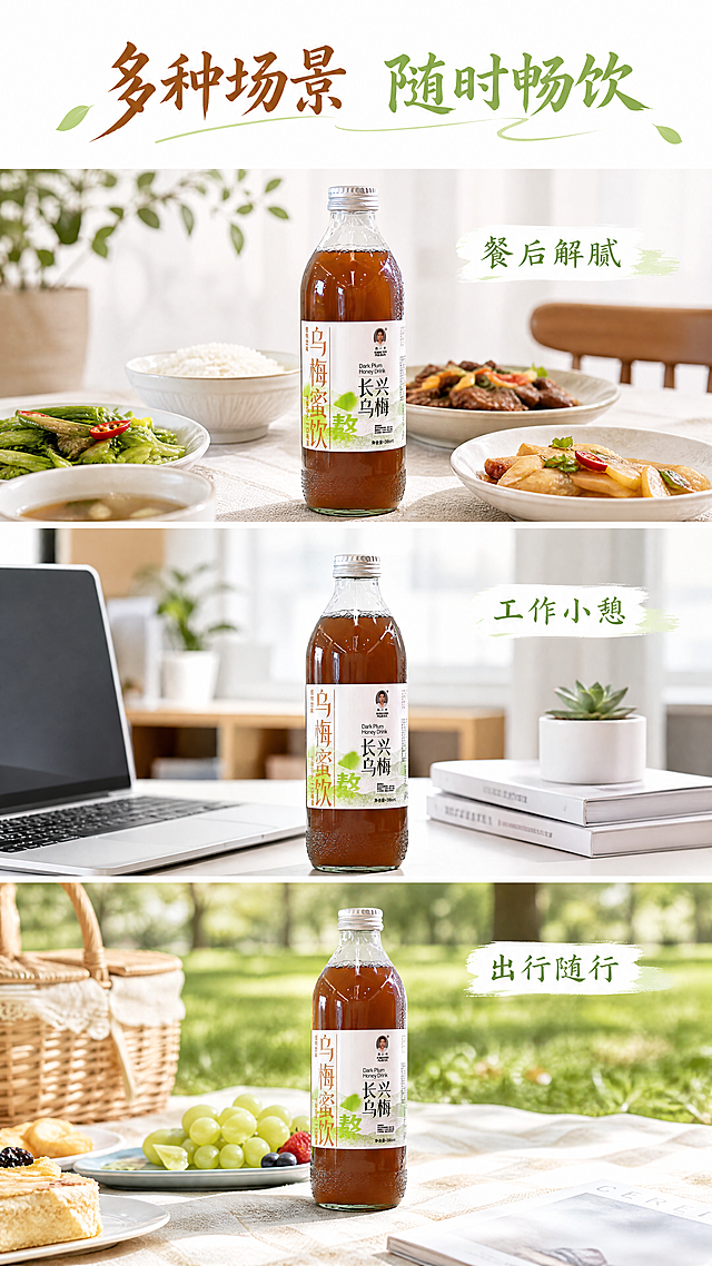 使用商品详情页技能根据商品图「图片1」「图片1」「图片1」「图片1」生成1套详情页，参考图为，商品名称为乌梅蜜饮，卖点为新中式国风清新详情页，白 + 浅青绿 + 琥珀棕配色，自然光实景，分 5 板块：首屏海报、产地原料、非遗古法工艺、多场景饮用、产品规格参数；玻璃瓶乌梅蜜饮挂水珠，长兴青梅鲜果、山水水墨背景，非遗传承人元素，文案雅致简约，，适配平台为淘宝/天猫，图片比例为9:16，需求屏数为8张，其他要求为