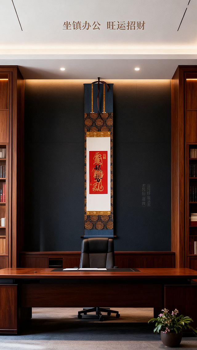 [第5屏] 场景展示-老板办公室悬挂效果。本屏使用【图1】作为商品主体。
[氛围/风格] 商务办公场景，大气沉稳，符合产品镇宅旺事业的寓意。
[元素布局] 挂画悬挂在老板办公桌后方背景墙，墙面深色，两侧是木质书柜，整体空间大气整洁，挂画尺寸比例和颜色与原图一致。
[光影质感] 办公室顶光柔和，整体明亮，挂画醒目。
[配色色系] 深棕空间，突出黑红挂画，保持整体色调统一。
[视角构图] 中景视角，展示办公室完整悬挂效果。
[文字版式] 顶部标题「坐镇办公 旺运招财」，文字简洁自然。
[比例分辨率] 9:16竖版比例，4K分辨率，文字清晰可辨，高清画质。
[负向提示词] 挂画变形，场景杂乱，文字遮挡，颜色失真。