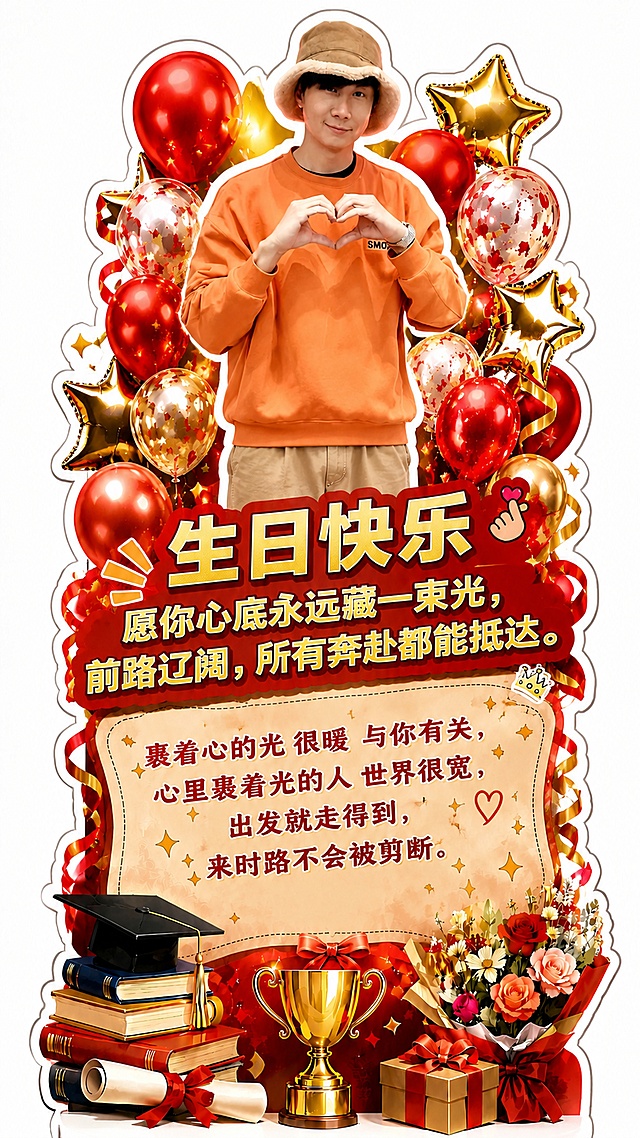 调整为完整轮廓的人形立牌，去掉人物后方裁切，保留完整人物轮廓，去掉原照片背景，替换为红金气球、星星彩带祝福素材，保持文字内容不变：主标题生日快乐，愿你心底永远藏一束光，前路辽阔，所有奔赴都能抵达。歌词裹着心的光 很暖 与你有关，心里裹着光的人 世界很宽，出发就走得到，来时路不会被剪断。尺寸保持高200cm宽80cm，完整露出人物，轮廓跟随人物，融合自然