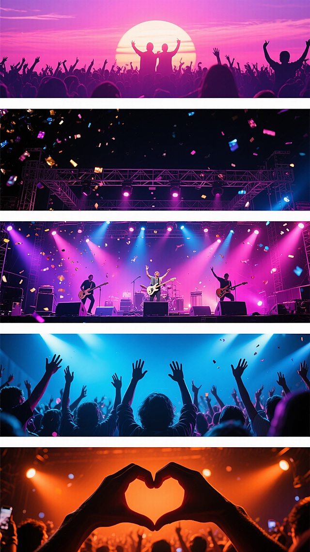 演唱会宣传海报设计，多张舞台场景纵向排版，顶部为夕阳下观众剪影与粉紫色渐变天空，中间是夜间舞台灯光、舞台结构、空中飘落的亮片及欢呼的人群，下方是舞台上表演的乐队、高举双手的观众，底部为观众双手比心手势与橙色舞台灯光。整体采用高饱和霓虹色彩，蓝紫色与粉橙色光影交织，强烈舞台灯光效果，营造热烈、欢快、激动人心的氛围，突出演唱会的激情与观众的狂热互动，视觉层次分明，以场景化图片快速传达演唱会核心信息，符合年轻受众的审美和娱乐活动宣传目的。