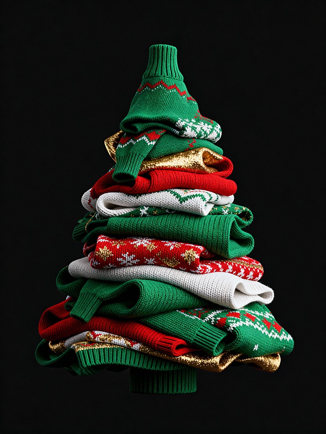 圣诞毛衣堆叠成树，融合面料风与拟人化设计，波普艺术色彩碰撞，营造喜庆温馨的节日氛围。