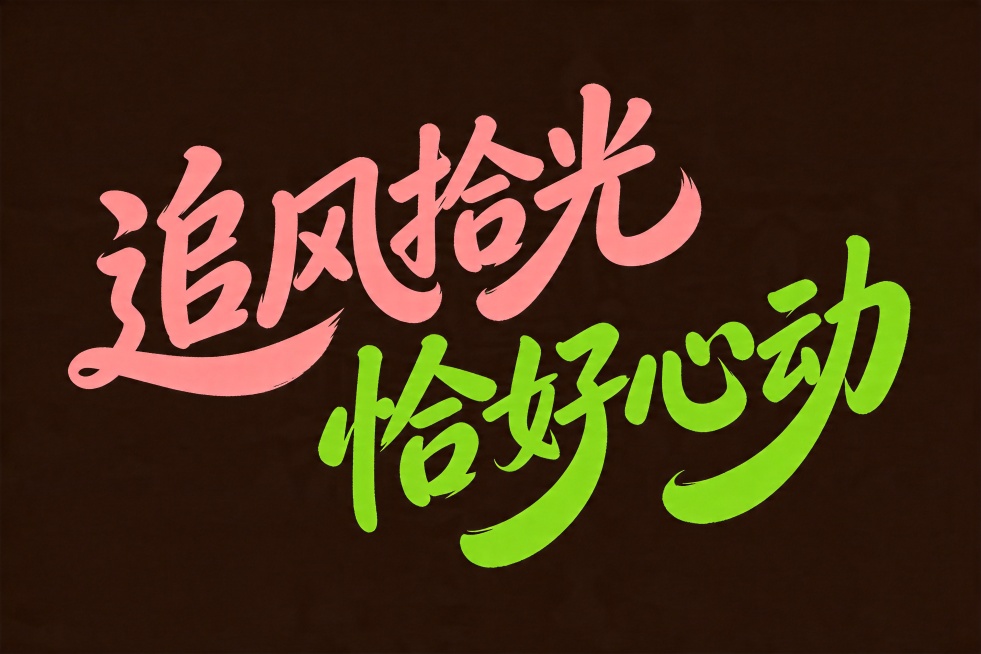 深棕色干净纯色背景，平面艺术字体设计，文字“追风拾光”在上一行，“恰好心动”在下一行。去除毛笔笔触，改为流畅平滑的手写艺术字，笔画粗重饱满，大弧度曲线，字间紧密穿插，整体向右倾斜富有动感。色彩保持参考预览效果