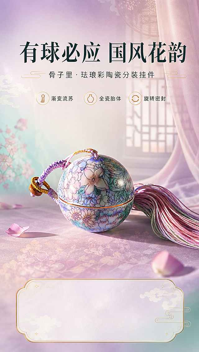 [商品] 使用【图1】骨子里国风万花款珐琅彩陶瓷分装罐挂件；保留球形全瓷胎体、满铺万花花卉珐琅彩图案、紫金描金腰线、紫粉渐变编绳与流苏、棕色木珠、金色线圈结构；商品处理：增强陶瓷釉面光泽与珐琅彩花纹清晰度，理顺流苏垂坠感，去除背景杂色与噪点，不改变产品结构、颜色和图案。
[画面] 页面目标：氛围头图，突出东方雅致美学与产品全貌；构图居中偏下，产品占画面60%，主体45度侧仰角展示完整球形罐身与流苏；前景点缀散落花瓣与柔光，中景为产品主体，远景为朦胧新中式窗格与纱幔光影；阅读动线从上至下，顶部标题区留白，产品下方留信息卡位置。
[视觉] 套系策略：风格=新中式雅致商业摄影；标题字=宋体衬线粗体；正文字=纤细无衬线体；主色=粉紫青渐变（取自产品珐琅彩花色）；背景延展=基于粉紫青做深浅层级、同色渐变和宣纸/丝绸质感；强调色=描金暖金色，仅用于小面积图标、引线、标签和装饰线条；标题色=深墨青；正文色=中暖灰；组件=圆角金线信息卡、细金线引线、云纹装饰元素；光影=左前侧暖柔光，右侧柔和补光，陶瓷表面有自然高光反射。
[文字] 顶部主标题「有球必应 国风花韵」，副标题「骨子里·珐琅彩陶瓷分装挂件」，下方3个短卖点：渐变流苏 / 全瓷胎体 / 旋转密封；文字区位于画面上方三分之一处，横向排版，不遮挡罐身主体花纹与流苏。
[规格] 图片比例9:16竖版，4K分辨率，负向提示：避免变形、错字、文字过小、冷蓝灰背景、产品颜色改变、结构失真、二维码、水印、绝对化用语。
