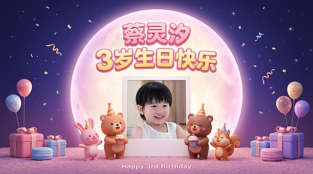 横版16:9儿童3岁生日海报，3D卡通Q版风格，夜晚温馨派对氛围，童趣且有设计感。画面中央是一个巨大的发光圆形月亮背景，粉紫渐变光晕，柔和发光。月亮内部上方位置是主标题文字"蔡灵汐 3岁生日快乐"，圆润可爱的3D立体粉黄渐变字体，文字适当下移。月亮中央偏下是一个白色拍立得相框，相框里是宝宝笑着的照片（宝宝照片必须高度保真，五官清晰、皮肤自然、与原图一致，绝不能失真或模糊）。相框底部落在地面上，地面是柔和的粉紫色平面。相框前方地面上有三只可爱的卡通小动物围绕相框送祝福：中间棕色小熊捧纸杯蛋糕，左边粉色小兔子，右边小松鼠，都戴生日帽开心庆祝，站在地面上。画面左右两侧地面上摆放着精致的礼物盒（马卡龙粉蓝紫配色，带蝴蝶结）和少量气球，有设计感地错落分布，数量适中不杂乱。背景是深蓝紫色夜空，点缀星星光点和极少量飘带/彩屑（只有原来的十分之一，非常精简），没有密集的细碎小元素。画面底部地面有小字"Happy 3rd Birthday"。整体氛围温馨梦幻、童趣有设计感，3D渲染质感高级，柔和发光，画面精致排版精美，宝宝照片清晰自然不失真，图像质量高，细节丰富。