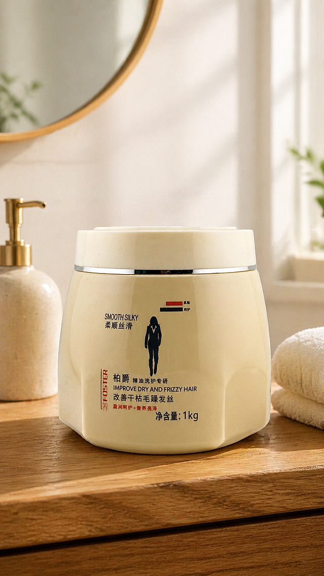柏爵护发发膜质感展示电商主图，产品放置在木质质感台面上，背景为简约温馨的浴室风格场景，自然柔和光影突显产品罐体质感，真实自然的生活场景风格，竖版构图适合电商展示
