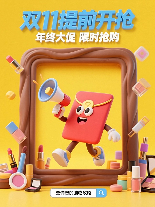 粘土风格。画面中心是棕色色立体边框，里面有一个拟人红包拿着喇叭跨过边框底部 ，点缀各种美妆商品，上方是蓝色标题”双11提前开抢“，白色副标题”年终大促 限时抢购“；下方搜索框里面是小字”查询您的购物攻略“，黄色背景