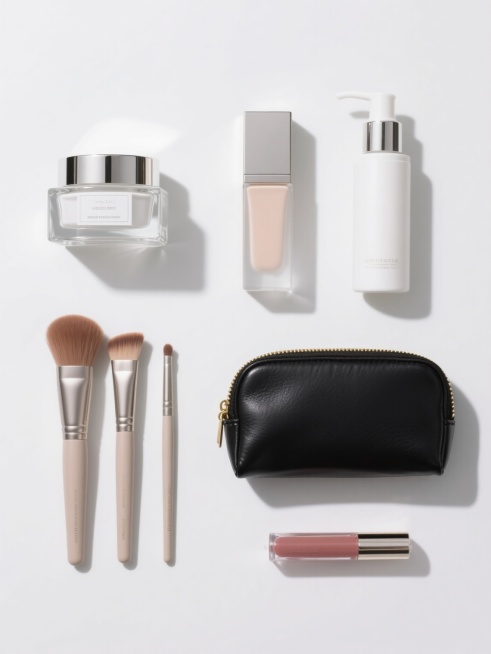 极简高端美妆产品集合海报，六个完全不同的美妆元素规整排布于纯白色纯色背景上，保持高清写实摄影风格，光线明亮柔和，物体表面有细腻高光与轻微阴影，展现透明玻璃与精致塑料的质感。元素包括：左上角为方形透明玻璃面霜瓶配银色金属盖，标签简约；右上角是圆柱形白色乳液瓶带按压泵头；中间左侧为长方体磨砂玻璃精华液瓶；中间右侧是黑色皮质化妆包带金色拉链；左下角为三支不同尺寸的化妆刷套装，刷毛柔软呈浅棕色；右下角……预览效果