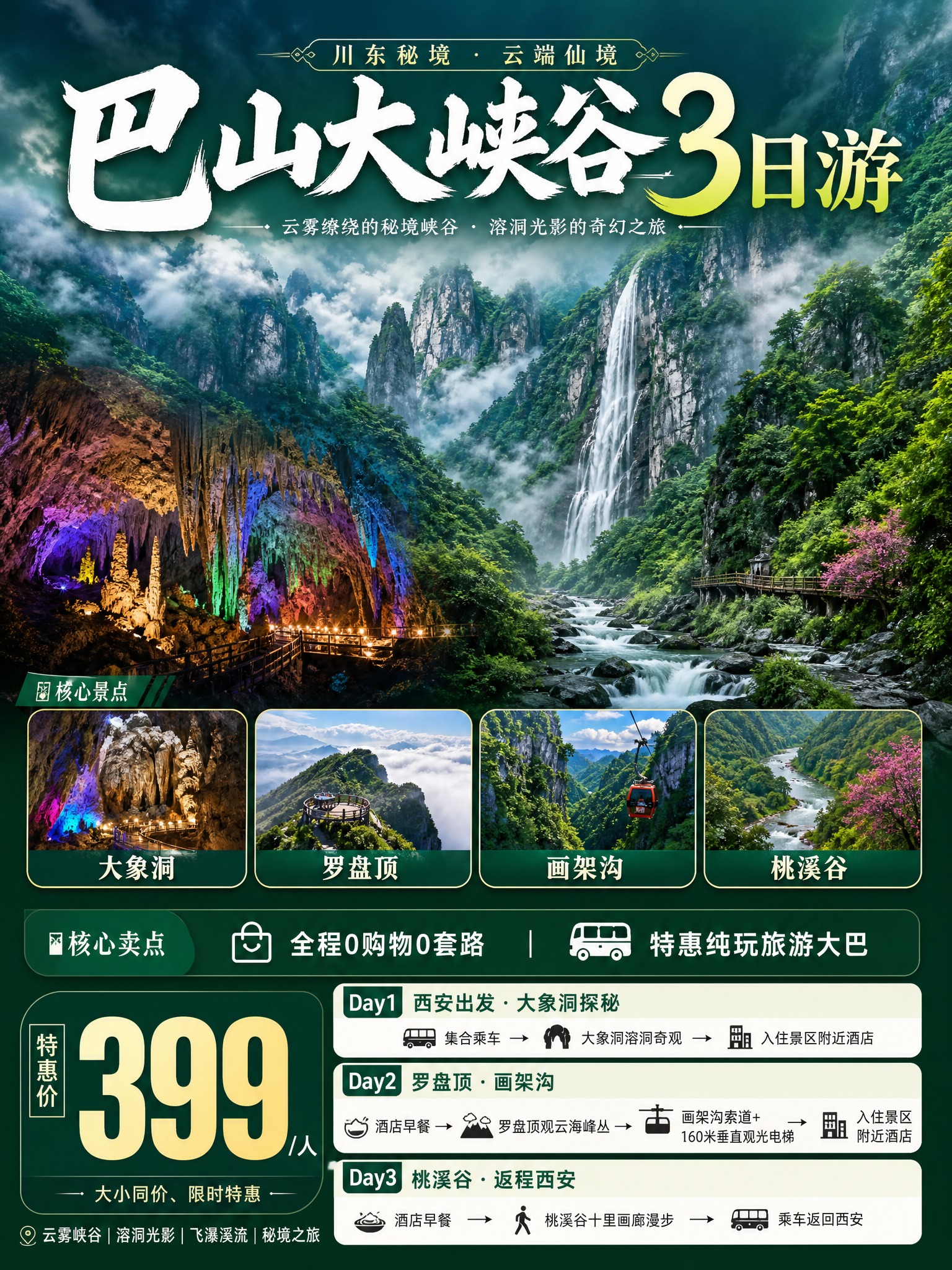 3:4竖版小红书旅游海报，巴山大峡谷3日游，云雾峡谷+溶洞光影… - 图片创意预览
