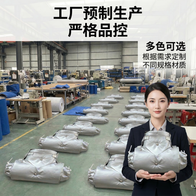 保留原图上方的标题文字"工厂预制生产
严格品控
多色可选
根据需求定制
不同规格材质"，删除所有蓝色衣服，替换为多个图2所示的银色异形可拆卸保温套平铺在工厂地面，右下角位置增加一位气质优雅的东亚女性，预览效果