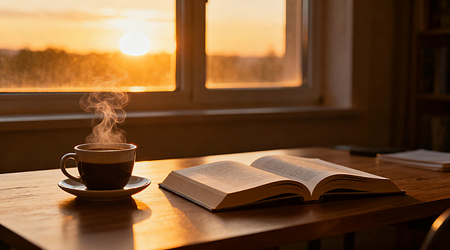 治愈生活场景，温暖光影下的书桌一角，桌面上摆放着冒着热气的咖啡杯和摊开的书本，窗外透过金色的夕阳，营造安静舒适的氛围，整体风格温馨治愈，构图简洁，画面开阔，适合作为文章结尾配图