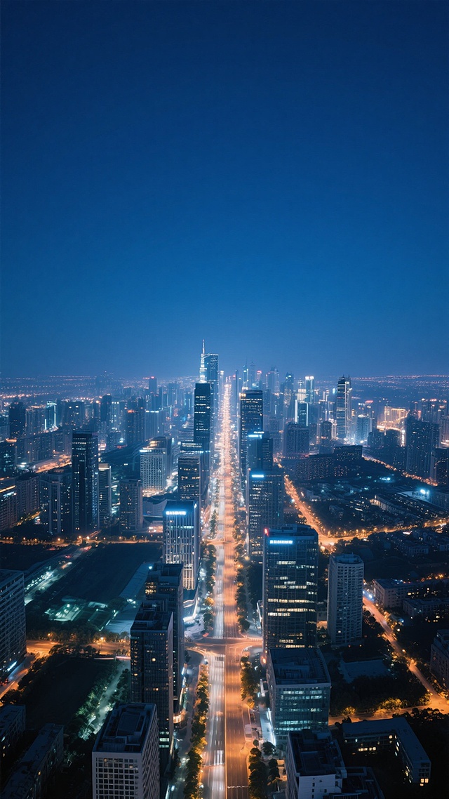 城市背景，干净风格，适合背景素材使用，航拍视角下的城市夜景，城市建筑与道路灯光璀璨，深蓝色天空与城市灯光形成鲜明对比，画面整体呈现出宁静而现代的氛围，构图采用垂直构图，城市景观从下至上延伸，展现出城市的纵深感和繁华景象，没有多余的文字和标识，画面简洁干净，视觉效果舒适。
