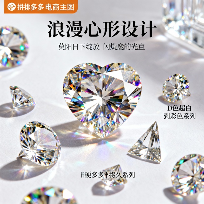 图片这款产品是莫桑石裸钻，我在拼多多卖这款产品，请以我提供的产品图片为主图主体设计20张相关的电商主图。
1.主图卖点： 火彩璀璨，闪耀夺目，在阳光下绽放七彩光芒，每一个角度都闪耀着迷人的光彩，让你成预览效果
