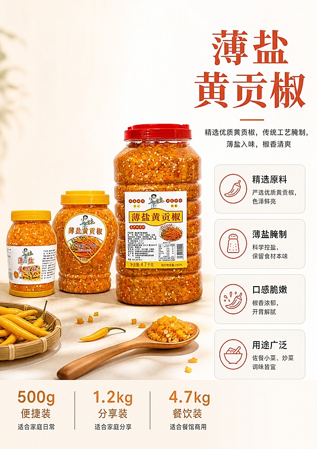 [商品] 使用【图3】薄盐黄贡椒500g、【图1】薄盐黄贡椒1.2kg、【图2】薄盐黄贡椒4.7kg三个规格；保留每款瓶身形状、瓶盖颜色、标签图案、品牌Logo、「薄盐黄贡椒」产品名、净含量文字、橙色辣椒颜色和材质；自然去除瓶身反光和背景杂物，增强瓶内黄贡椒颗粒的通透感与色泽，不改变产品结构和标签文字。
[画面] 目标：薄盐黄贡椒单产品三规格矩阵展示，突出不同容量选择。构图：参考图10版式，左侧50%为三规格产品陈列区，右侧50%为文字卖点区；三款产品按容量从小到大从左到右、从低到高排列，底部对应标注规格名称；产品占画面约50%；前景点缀新鲜黄贡椒、竹篮、木勺道具，背景为浅米色干净台面；阅读动线从右上标题向下浏览卖点。
[视觉] 套系策略：风格=极简高级食品商业摄影，白底+浅米色场景融合；标题字=宋体粗体（衬线体），厚重有食欲感；正文字=简洁无衬线黑体；主色=暖橙黄（取自黄贡椒）；背景延展=纯白底+浅米色渐变台面+柔和投影，同色系深浅层级；强调色=深橙红，仅用于小面积图标、引线和标签点缀；标题色=深橙红；正文色=深炭灰；组件=圆角浅灰信息卡、细直线分隔、线性图标；光影=左前侧45°暖柔光，柔和自然阴影，瓶身通透有高光。
[文字] 右上主标题「薄盐黄贡椒」，下方短横线分隔；副标题「精选优质黄贡椒，传统工艺腌制，薄盐入味，椒香清爽」；下方4个带图标的卖点：精选原料（严选优质黄贡椒，色泽鲜亮）、薄盐腌制（科学控盐，保留食材本味）、口感脆嫩（椒香浓郁，开胃解腻）、用途广泛（佐餐小菜、炒菜调味皆宜）；底部规格标注：500g 便捷装（适合家庭日常）、1.2kg 分享装（适合家庭分享）、4.7kg 餐饮装（适合餐馆商用）；文字均为横排，层级清晰。
[规格] 图片尺寸2480×3508像素（竖版），分辨率4K，避免变形、错字、文字过小、冷蓝背景、产品颜色改变、瓶身标签文字错乱、极限词。