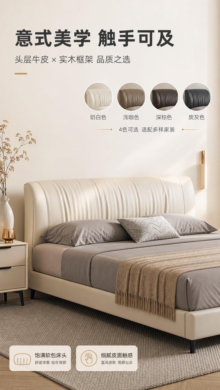 [商品] 使用【图1】米白色头层牛皮软包床，1.8米规格；保留… - 图片创意预览