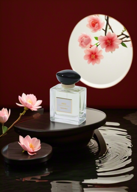 东方美学，产品放在黑檀木上，水面波光，粉色小花装饰画面，产品后面有圆形绘有桃花的屏风，暗红中国风背景，禅意氛围。预览效果