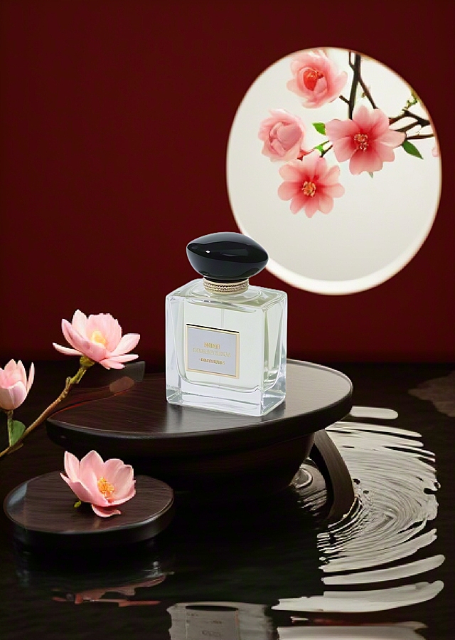 中式意境与3D重拟物结合，水墨晕染的水面倒影，玻璃质感香水瓶映衬粉樱，唯美感与梦幻感交织，尽显优雅东方美学。
