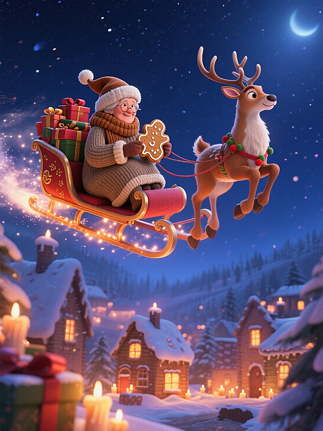 梦幻3D风圣诞夜景，软拟物风格老人驾鹿雪橇飞越雪村，粒子光效与暖色光影交织，营造温馨喜庆氛围。