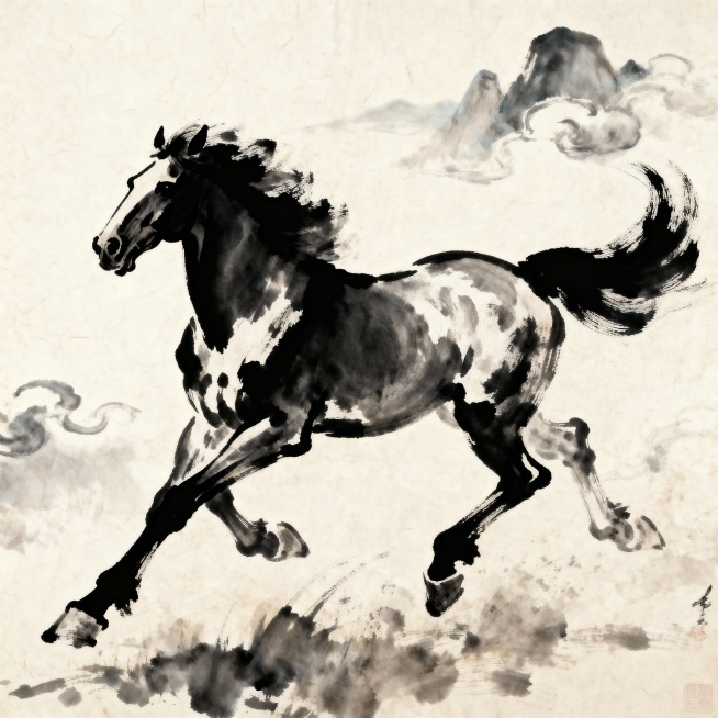 水墨写意风格的马年新春形象，一匹奔腾的骏马剪影，轮廓用苍劲有力的黑色线条勾勒。马的身体内部填充着浓淡不一的墨色，形成丰富的层次感。背景是淡雅的宣纸纹理，远处有几笔淡墨山峦和云雾。整体画面意境悠远，气势预览效果