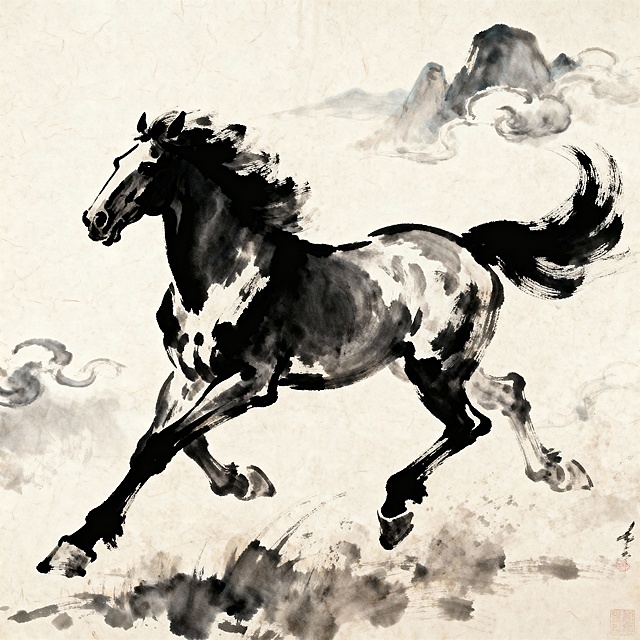 水墨风骏马奔腾，工笔细节勾勒，古典意境悠远，国潮韵味十足，尽显中式美学精髓。