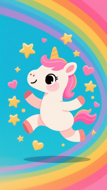 可爱卡通插画风格，画面中央是一只可爱的卡通小马，有着大大的眼睛和粉色的鬃毛，正在欢快地跳跃，周围飘散着金色的星星和爱心，背景是渐变的彩虹色预览效果