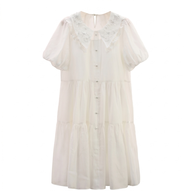 白色蕾丝娃娃领短袖连衣裙，保持服装颜色、版型、细节100%绝对不变，保持物理结构不变，放置在隐形人体模型上，立体悬浮展示效果，自然垂坠，保留自然布料褶皱，无人物，无模特，无身体，纯白色背景，无阴影，服预览效果