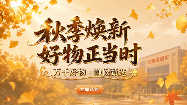 在参考图的基础上进行修改，保留原图的金秋氛围、构图结构、银杏枫叶元素、阳光光束、背景层次和整体色调风格。只做以下修改：1. 将主标题文字替换为"秋季焕新 好物正当时"，字体风格、金色立体效果、大小比例与原图主标题保持一致的表现力和冲击力，居中偏上位置；2. 将副标题"金秋特惠"替换为"万千好物 · 静候甄选"，金色字体，带优雅装饰线条，位置在主标题正下方；3. 去掉右下角的饮料瓶、坚果袋、书本、钢笔等物品，替换为汉德成超市建筑的虚化远景轮廓，隐隐约约在背景右侧，与整体金秋环境融合协调；4. 去掉底部的活动截止日期横幅，替换为一个小巧的"立即选购"圆角按钮，暖橙色底白色字，放在底部居中位置，按钮尺寸小巧精致不要太大；5. 整体色调和氛围保持原图的金秋温暖感，但略微柔化一点，增加女性柔美气质，不要太浓烈硬朗。保留左上角阳光、银杏叶树枝、飘散的银杏叶和枫叶等所有装饰元素。画面文字必须精确渲染，不得错字。版式与原图协调一致。