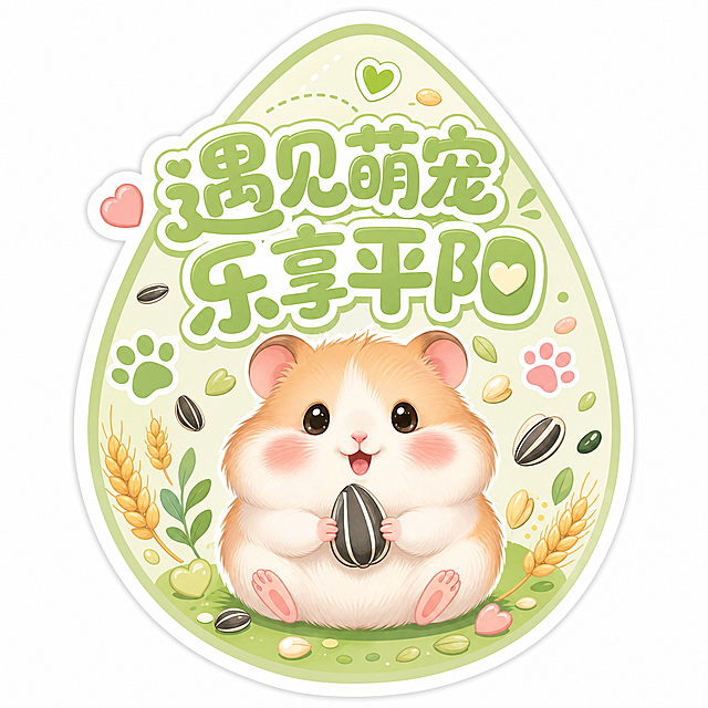 卡通宠物异形贴纸，中心放置卡通仓鼠，边缘异形抠图贴合瓜子轮廓，圆润大字主标题"遇见萌宠 乐享平阳"，整体马卡龙浅绿色系，边角点缀谷物、爪印、爱心装饰，清新软萌风格，不添加活动时间、地址、额外主题文字