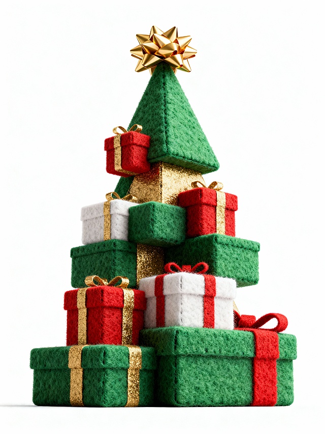 以礼盒堆叠成圣诞树形态，用绿金红的圣诞配色包裹礼盒，将礼物与圣诞树结合，既契合节日赠礼的氛围，又打造出创意又喜庆的装饰效果