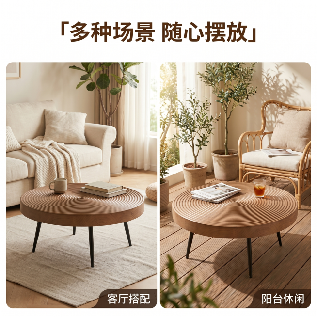[主图 6] 实木小茶几多场景适配展示。[氛围风格] 温馨舒适家居治愈风，百搭适配感。[画质] 商业摄影质感，光线柔和通透，产品清晰真实，画面干净高级。[元素] 两宫格拼图，展示实木小茶几分别放在客厅预览效果