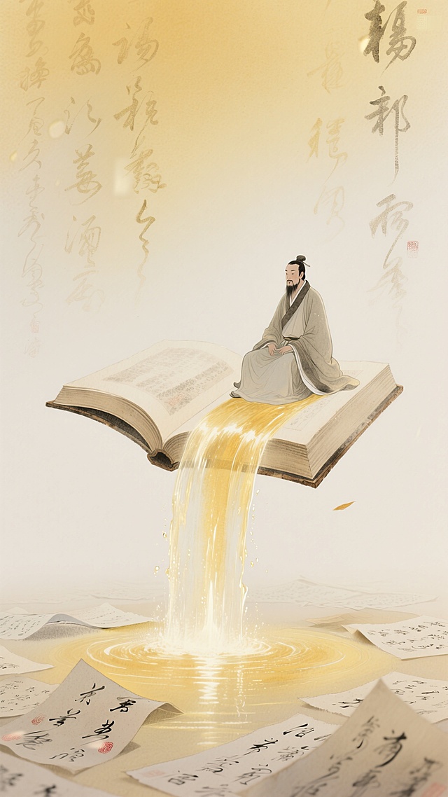 混合细腻彩铅质感的低饱和黄色系渐变背景图。悬浮特写一本摊开的巨大草书书本，一个夫子坐在书上，书上倾泻出金黄色的水流（像瀑布一般）。后景是泛黄的草书文字，底部散落许多草书纸张。