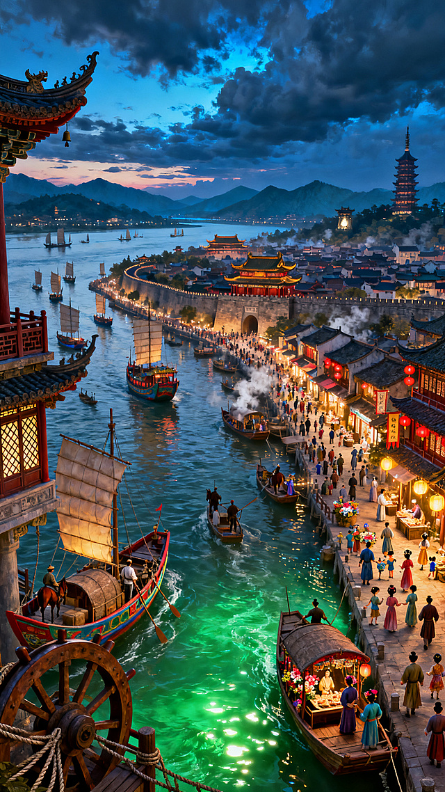 《清明上河图》式全景，南宋临安城（杭州）——钱塘江畔的帝王都，河流如丝带穿城，江面辽阔，千帆竞发（漕运货船、彩绘楼船、渔舟、官船密布，帆樯如云）；两岸街市绵延十里，店铺鳞次栉比：酒楼挂红灯笼、茶坊飘旗、青楼珠帘半卷、饭馆蒸汽升腾、布庄、药铺、当铺、书坊、瓦舍勾栏（杂剧、傀儡戏）、还有做小买卖的摊贩（糖画、簪花、卖鱼羹、算命卜卦）；人群摩肩接踵——士人策马、妇人乘轿、僧道化缘、商贾吆喝、船工搬运、孩童追逐、伎乐巡游。远处城门巍峨、古城墙蜿蜒、高塔耸立（保俶塔、雷峰塔隐约可见）、鼓楼钟声，码头外大江浩荡，群山环抱。油画写实，极繁主义，C4D渲染+虚幻引擎5渲染，超广角俯拍（等效14mm），中景转大远景，纵深宏大（前景为码头与船桅，中景为十里街市，后景为皇城宫阙与远山）。氛围极度繁荣、喧嚣，充满南宋临安的市井烟火气与神秘巷陌（如幽巷深处有异域商人、占卜巫师）。细节完美：人物千姿百态（服饰、发髻、行当各异），建筑构件（鸱吻、格子窗、勾栏、牌坊），船只结构（舵、帆、缆绳）。光影彩色对比度高：远景天空为蓝冷光（暮色初降，云层低垂），近景河水为翠绿亮光（波光映灯火），街市暖黄灯笼与冷蓝暮色强烈碰撞。胶片颗粒感微微可辨，画面如南宋界画与欧洲油画融合，宏大热闹，史诗气魄，大师杰作。