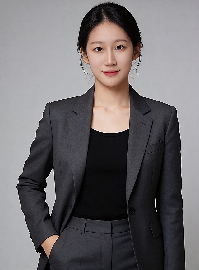 参考图中保留人物脸型、发型、年龄等特征生成职场形象照,标准焦段50mm,f/4光圈(f/2.8-f/4区间),平视视角(镜头与人物视线齐平);人物占画面70%,人物居中(居中构图),位于画面中心,为视觉聚焦点,入境范围头部及以下至臀部下方10cm(半身像);左右留少量背景空间;头部与画面顶部保留5%空间;头部发型完整,头肩比例协调,人物结构准确;发质微微柔顺，微微蓬松。身穿深灰色精纺羊毛混纺西装外套,(平驳领设计,面料呈细腻微微哑光质感);内搭黑色高支精梳棉内搭;下装深灰色精纺羊毛混纺西裤;着装正式干练;专业稳重;身形匀称,姿态端正,身体挺拔。呈左手插兜的自然姿态，肢体放松且自信;简约微微中度灰色纯色背景(呈现均匀柔和质感),背景光线均匀柔和,强化色彩对比的高级感。极简干净;32k画质超高分辨率、细节清晰,现代精致感风格;肤质精细化处理;眼神直视镜头,目光坚定且澄澈,表情自然。嘴角上扬;韩式美颜磨皮精致妆容,自然裸妆(清透底妆+淡色唇妆),妆感轻薄,肤质精细化处理;白皙清透肤质透亮,微微柔光提亮,细腻无瑕,通透高级感干净清透肤质,肤色均匀,肌肤柔光美白细腻,自然提亮,光影柔和通透水光肌,肤质细腻平滑干净哑光肤质,无油光无暗沉;干净肤色,健康肤色,无蜡黄,无暗沉,无黄皮,肤质细腻,高清皮肤细节;微微修饰脸型,肤质哑光细腻,面部雾面柔光,轻透裸肌感,真实毛孔纹理,杰作,最佳画质,超高细节,写实摄影,中近景人像,面部清晰,五官精致,皮肤细腻通透,白皙清透皮肤,干净肤色,柔光,正面补光,面部光线均匀明亮,无浓重阴影,冷色调白平衡,画面干净清新,色调明亮,对焦清晰;分辨率4K,去除人物之外的所有元素。严格按照图片内容生成。