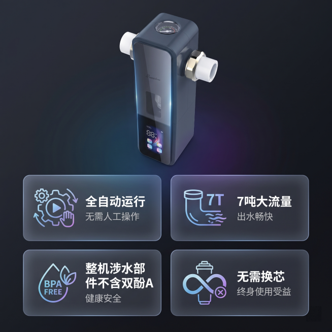 [主图 2] 前置过滤器核心卖点展示图。保持前置过滤器产品外观和原图一致。采用UI分区栅格风格，四个卖点卡片整齐排列。产品主体放置画面上半部分，四个卖点卡片分两排两列排列在产品下方，每个卡片搭配图标和预览效果
