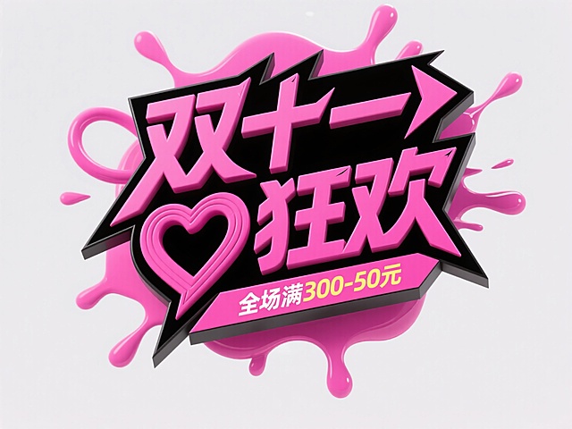 3D尖锐的字体设计，黑色“双十一 狂欢”+粉色“全场满300-50元”，爱心、曲线、箭头等元素嵌入字体，双层字效结构。粉色泼漆背景